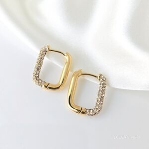 NEW Gold Asymmetric CZ Diamond Rectangle Hoop Earrings